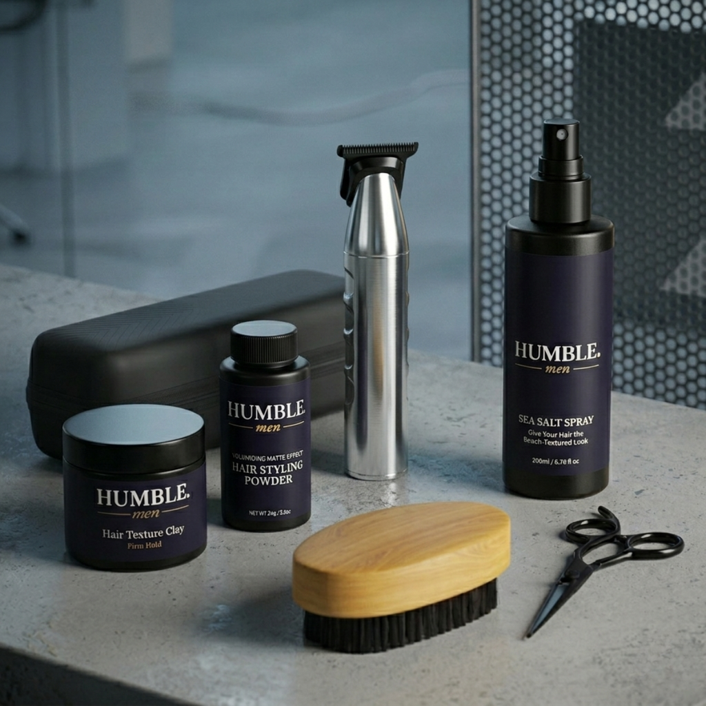 Professional men’s grooming bundle by Humble Men with trimmer shaver and beard care accessories