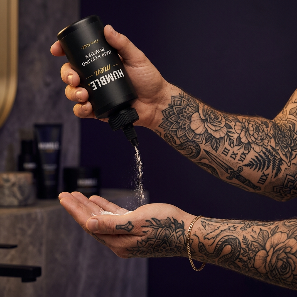 Men’s hair styling powder by Humble Men for strong hold and natural look