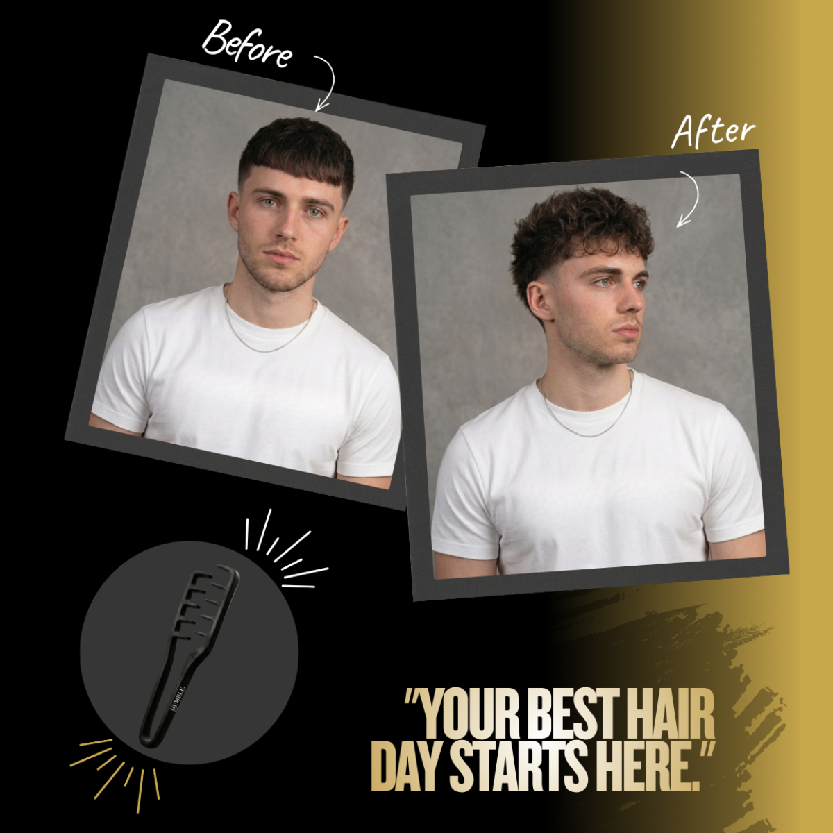 Men’s texture comb creating root lift and thicker looking hair